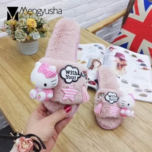 Pink cuter fur slippers girls brand sweet fringe flat cozy shoes rainbow pattern slip on slides cute cat fretwork fur sandals