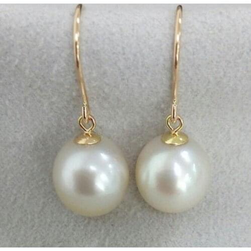 10.3mm Real South Sea Cultured Cream Pearl Hook Drop Earrings 14k Yellow Gold