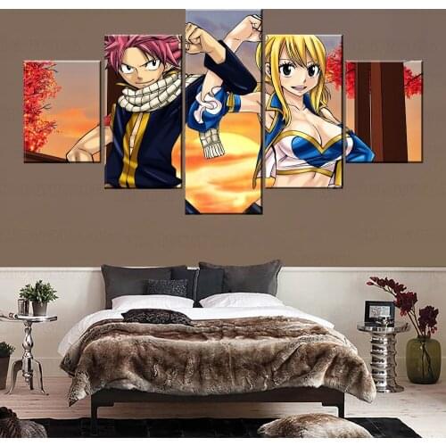 Modern Bedroom Home Wall Decor Artwork 5 Pcs Lucy Heartfilia And Natsu Dragneel Painting Anime Fairy Tail Poster Canvas Print