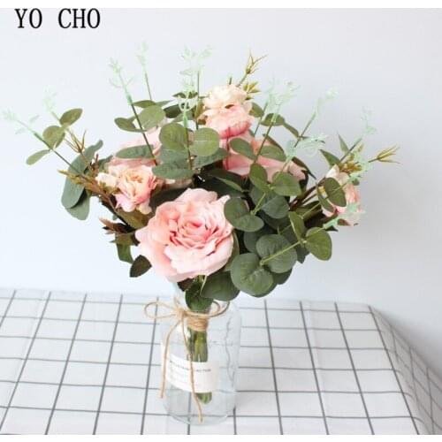 YO CHO Silk Rose Peony Artificial Flowers Beautiful Flores Bouquet for Wedding Party Home Decoration Mariage Fake Flower Bouquet