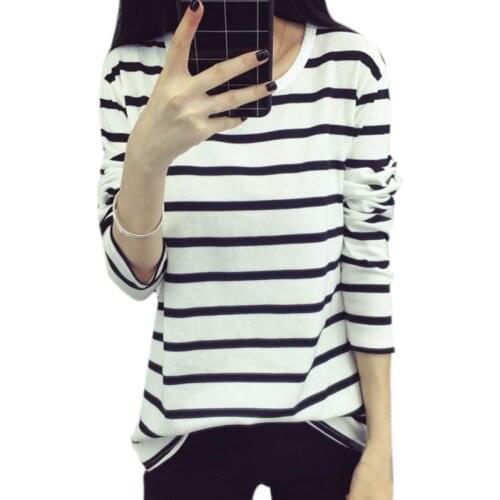 New harajuku T shirt Women Round Neck Striped Long Sleeve T-shirts For Women Slim Wild Black White T-shirt Plus Size W3