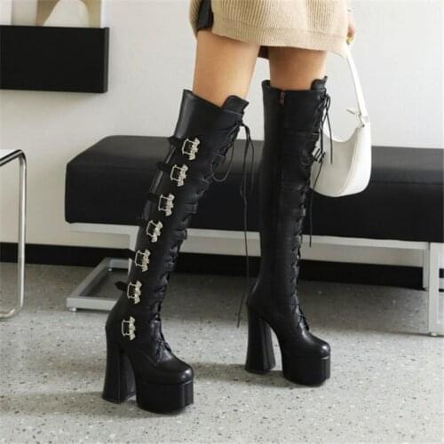 PXELENA Large Size 35-46 Motorcycle Biker Over The Knee Boots Women Buckle Chunky Block High Heel Combat Cosplay Shoes Lady 2022