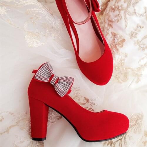 Rimocy womens plus size 45 crystal bowtie pumps super high square heels ankle strap party wedding shoes woman flock shoes 2019