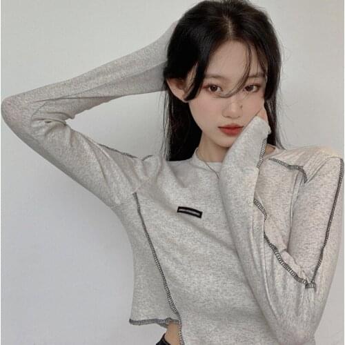 Women Irregula Crop Tops Long Sleeve T-shirts Patchwork Fashionable Undershirts Design Korean-style Ins Ulzzang Top Female Slim