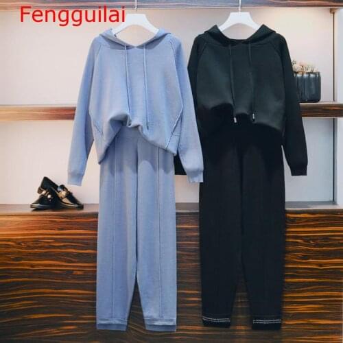 Spring Women Pant Suits Plus Size Blue Knitted Hooded Loose Sweater Tops + Casual Trousers Track Suits M-4XL