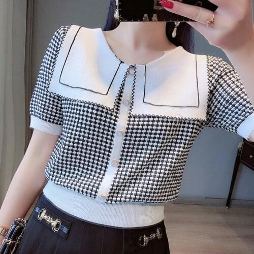2021 Summer Knitted Short Sleeve Top Womens Clothing Korean Style Navy Collar Single Breasted Plaid Loose Fashion
