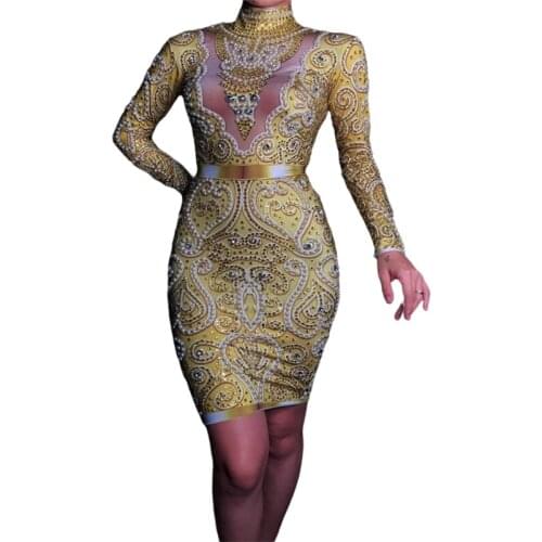 Sparkly Rhinestones Pearls Long Sleeve Dress Black Grey Color Sexy Women Birthday Celebrate Evening Party Dresses Stage Outfit