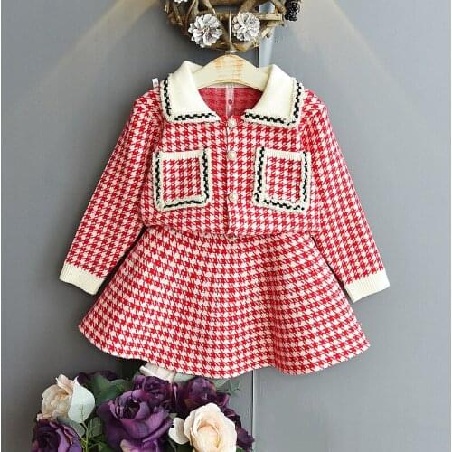 Baby Girls Winter Clothes Set Outfits Kids Girls Plaid Knit Sweater&skirt Fall Girl Clothing Set Children Costume 2-6Y #0154