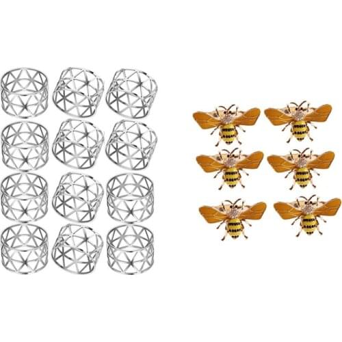 12Pcs Hollow Out Napkin Rings Holders Napkin Ring & 6PCS Yellow Bee Design Metal Napkin Ring Towel Buckle Bee