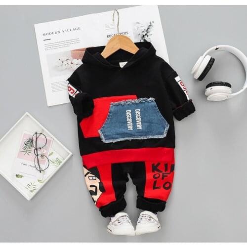 Autumn Children Casual Clothes Suits Baby Boys Girl Pocket Hooded T Shirt Cartoon Pants 2Pcs/sets Toddler Infant Cotton Clothing