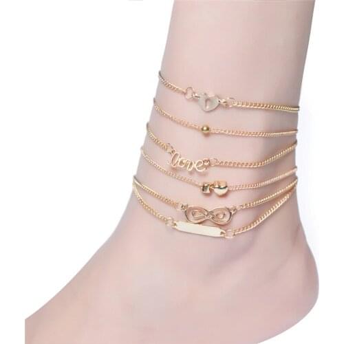 6PCS/Set Women Bohemian Anklet Bracelets Set Heart Infinity Sequins Anklets Set For Beach Foot Party Jewelry