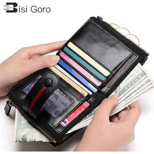 BISI GORO Womens Zipper Card Holder Bifold Short Coin Purse RFID Anti-Theft Brush Retro Mens Wallet Large Capacity Leather Bag