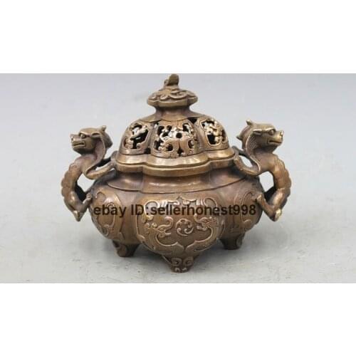 Chinese Tibet Dragon Kirin Beast Incense Burner Bronze Buddhism Censer