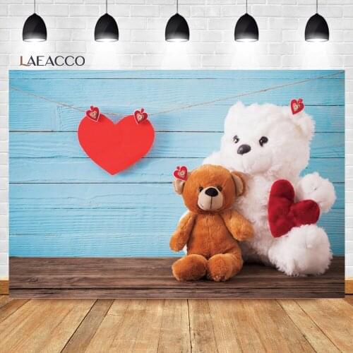 Laeacco Blue Wooden Board Love Heart Plush Teddy Bear Photocall Background Baby Customized Poster Portrait Photographic Backdrop