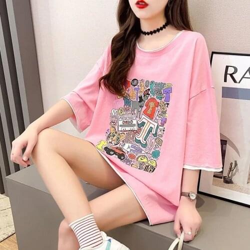 Summer New Printing Short-Sleeve T-shirts Womens Fake two-piece T-shirts Long Loose Shirts Tops Cartoon Print O-neck T-shirts