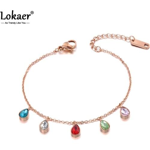 Lokaer Trendy Colorful Water Drop CZ Crystal Bracelet Bangle For Women Stainless Steel Link Chain Bohemia Beach Jewelry B19089