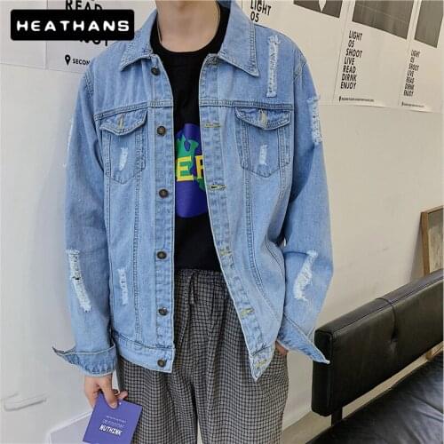Autumn Winter Jean Jackets Mens Harajuku Loose Hole Denim Jacket Men Korean Couple Blue Denim Jacket Top For Male Handsome Coats