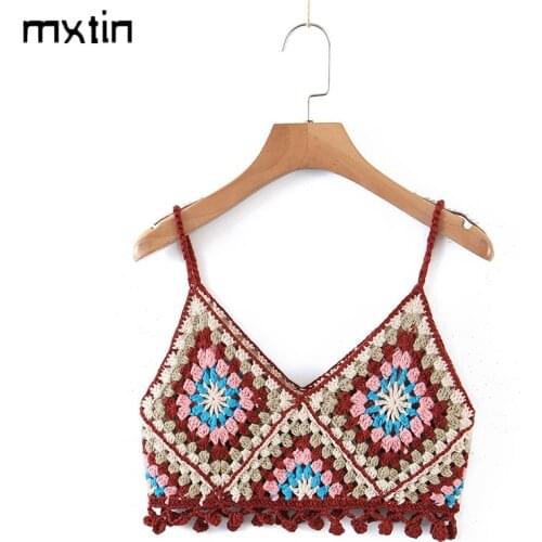 MXTIN 2021 Women Summer Vintage Floral Knitted Tank Tops Fashion V-Neck Sleeveless Backless Thin Straps Female Camis Chic Tops