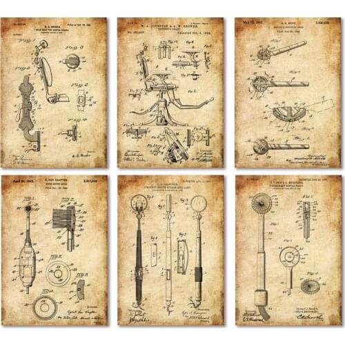 6 in 1 vintage patent art prints on dentist wall decor unframed dental chair dental spoon lamp float