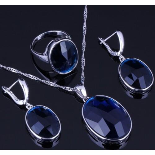 Unusual Oval Blue Cubic Zirconia Silver Plated Jewelry Sets Earrings Pendant Chain Ring V0011