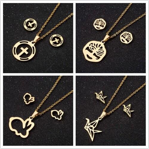 Oly2u Antiqued Tree of Life Jewelry Sets Cute Stainless Steel Rabbit Crane Earrings Animal Necklaces for Ladies Gift