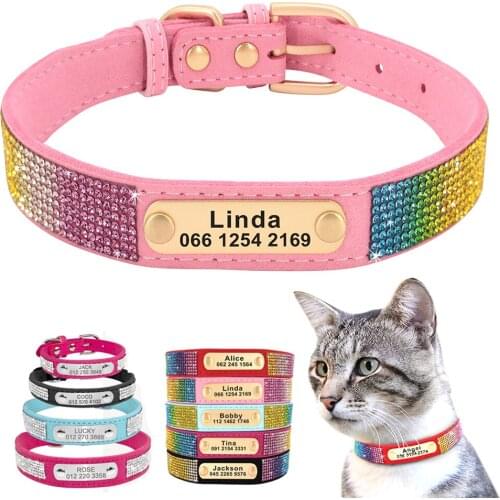 Personalized Cat Collar Custom Nameplate Kitten Cats Collars Bling Rhinestone Engraved ID Name Tag Cat Puppy Pet Collar XS