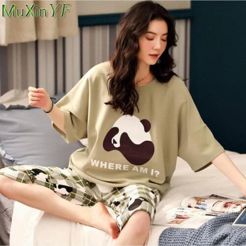 Plus Size Pajamas Women Summer Cotton Thin O-Neck Short-Sleeved Shorts Pijamas Two-Piece Korean Casual Cute Sleepwear Home Wear