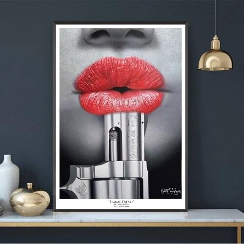 Quote Poster Woman Lips with Gun Print Wall Oil Painting on Canvas Picture Living Room BarIdea Creative Home Decoration