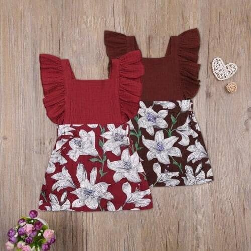 6M-3T Infant Baby Girls Casual Dress, Floral Printed Pattern Square Collar Sleeveless One-piece Red/ Brown New Style 2021
