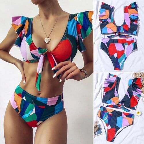 Sexy Ruffle Bikini Geometry Print Swimsuit Women High Waist Swimwear Women Vintage Beach Wear Bathers