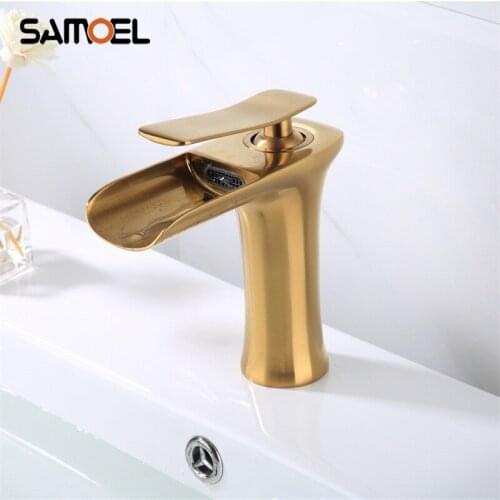 Nordic Style Golden Brushed Waterfall Bathroom Sink Taps Deck Mounted Single Hole Brass Basin Faucet Mixer G1114