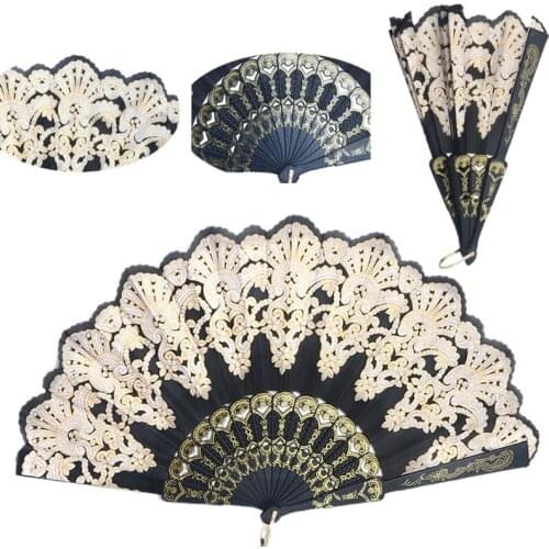 Black Spanish Style Dance Party Wedding Lace Silk Folding Hand Held Flower Fan 896B