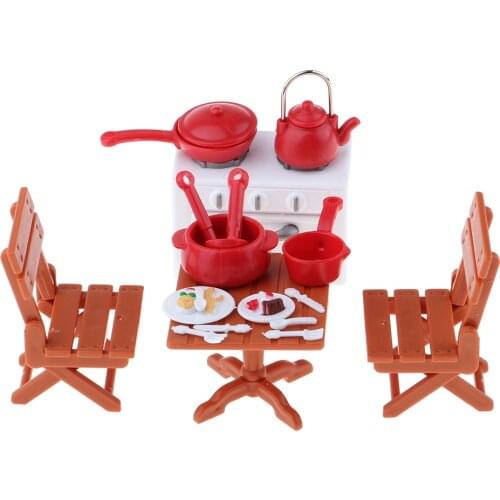 1/12 Scale Picnic Table with 2 Chairs & Kitchenware Set Cookware Dollhouse Accessory Miniature Garden Kits Items