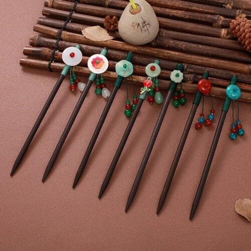 Vintage Wooden Hairsticks Chinese Style Flower Tassel Hairpin Beads Pendant Ancient Costume Hair Sticks Wedding Hair Accessories