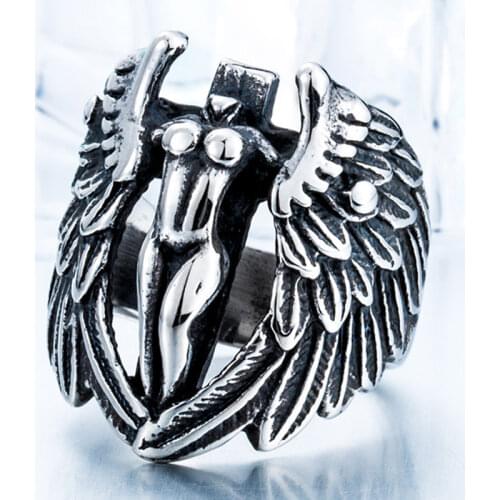 Vintage Cross Headless Guardian Feather Angel Wing Mens Rings Jewelry Gold Stainless Steel Anniversary Ring Size 12