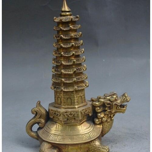 9" Old China FengShui Bronze Longevity Dragon Turtle WenChang Tower Stupa Statue