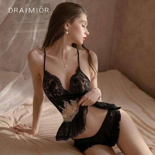 DRAIMIOR New Split Nightdress Women Sexy Lingerie Deep V Backless See-through Suspender Dress With Short Panty Nightwear DR0187