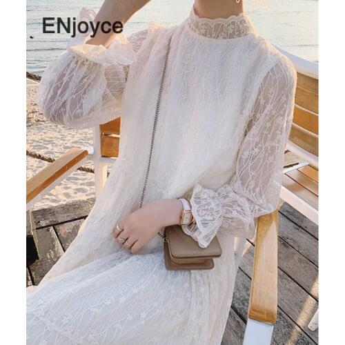 Women Elegant White Long Sleeve Organza Maxi Dress French Style High-Neck Lace Vintage A-line Beach Party Long Dresses Summer
