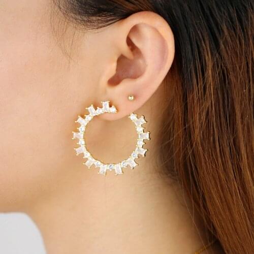 2019 Luxury baguette stone European women jewelry geometric round baguette cz sparking bling fashion gift zirconia hoop earrings