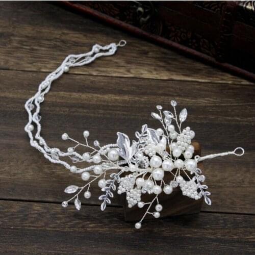 Handmade Pearls Leaf Crowns And Tiaras Headband Women Headpiece Bridal Hair Vine Hairband For Wedding Jewelry Party