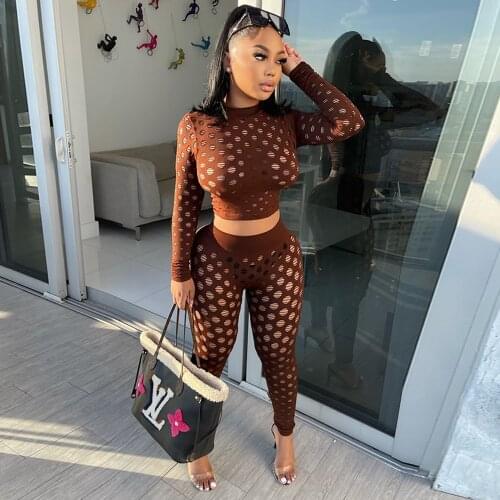 Streetwear Hollow Out Two Piece Set Women Sexy Long Sleeve Hole Crop Top and See Through Pencil Legging Hipster Co Ord Outfits