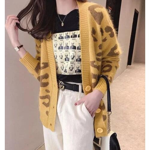 Leopard Print Knit Cardigans Women V-Neck Autumn Winter Sweater Jacket Loose Single Breasted Outwear Korean Button Knitwear Coat