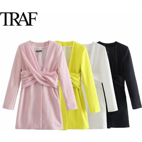 Traf Za Woman Clothing Pink Long Sleeve Dress Sexy V-neck Black Party Dresses Chic Office Lady Mini Dress Vestidos Mujer