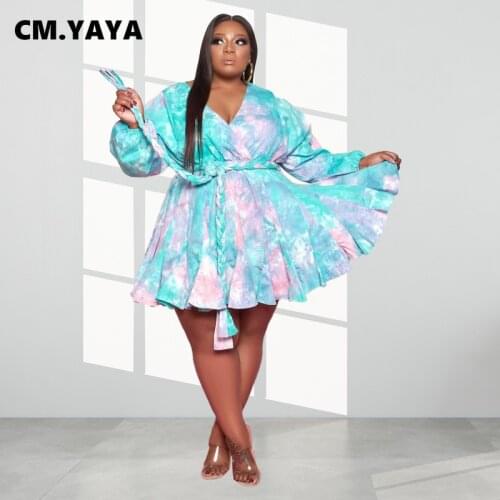 CM.YAYA Women Plus Size Dress Print Full Sleeve V-neck Bandage Sashes Empire Loose Dresses Fashion Vestidos Summer Outfits 2021