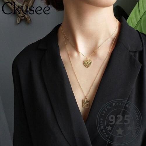 Ckysee Pattern 925 Sterling Silver Necklace Gold Rectangle Heart Pnedant Necklace For Fashion Women Minimalist Fine Charms Jewel