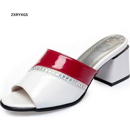 2021 Fish Mouth Bright Patent Leather Spell Color Rhinestones Summer Women Slipper Fashionable Sandals Thick Heel Women Shoes