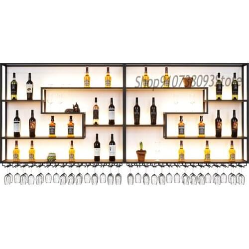 Bar counter solid wood wine cabinet restaurant wrought iron wine rack wall-mounted display rack creative wine rack wall shelf