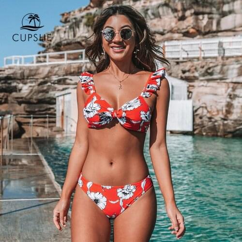CUPSHE Red Floral Knotted Ruffled Bikini Sets Sexy Bow Low-rise Swimsuit Two Pieces Swimwear Women 2021 Beach Bathing Suit
