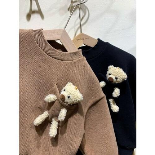Childrens Clothing Winter New Baby Boys Korean Thicken Hoodies Cute Pocket Bear Toddler Pullovers Boys Plus Velvet Sweatshirts