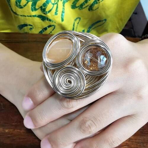Handmade Big Crystal Rings For Women Gold Color Wire Helical Wound Beads Finger Ring Wedding Party Jewelry 2020 UKMOC
